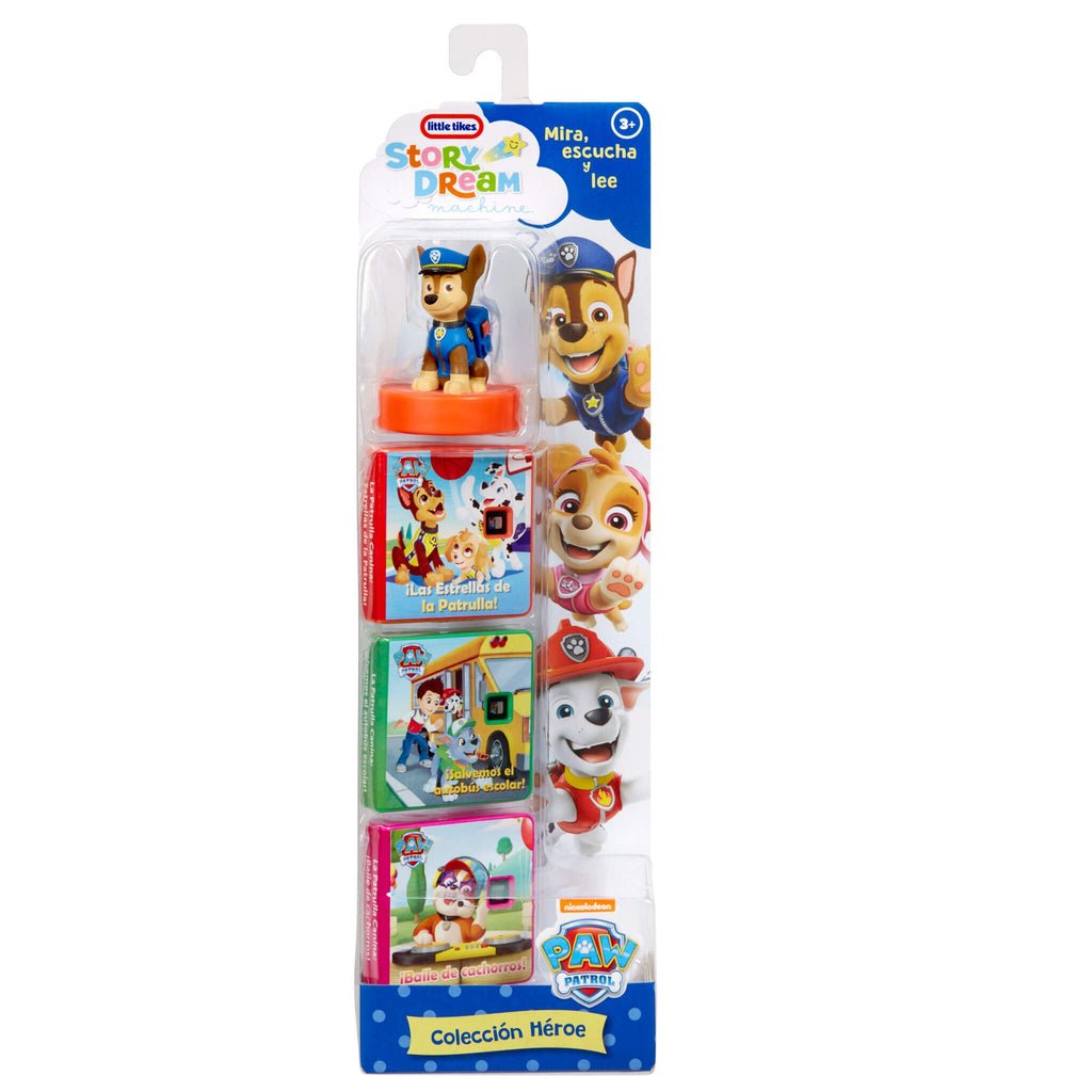 Embalaje de Paw Patrol con figuras y libros sobre un fondo blanco.