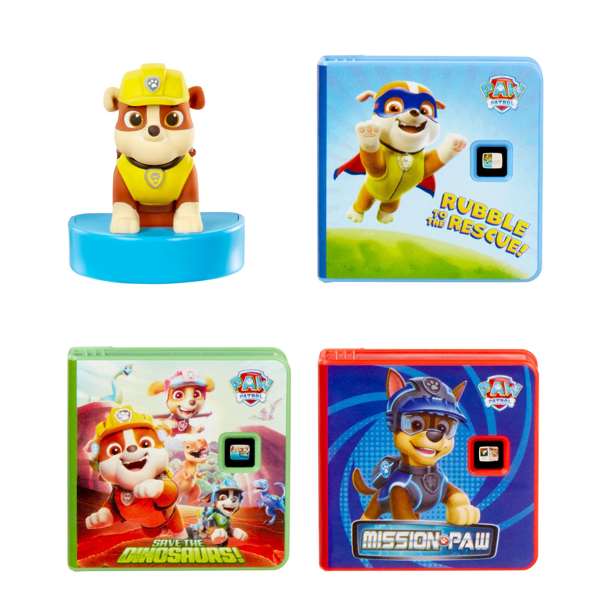 Paw Patrol Rubble and three books on a white background