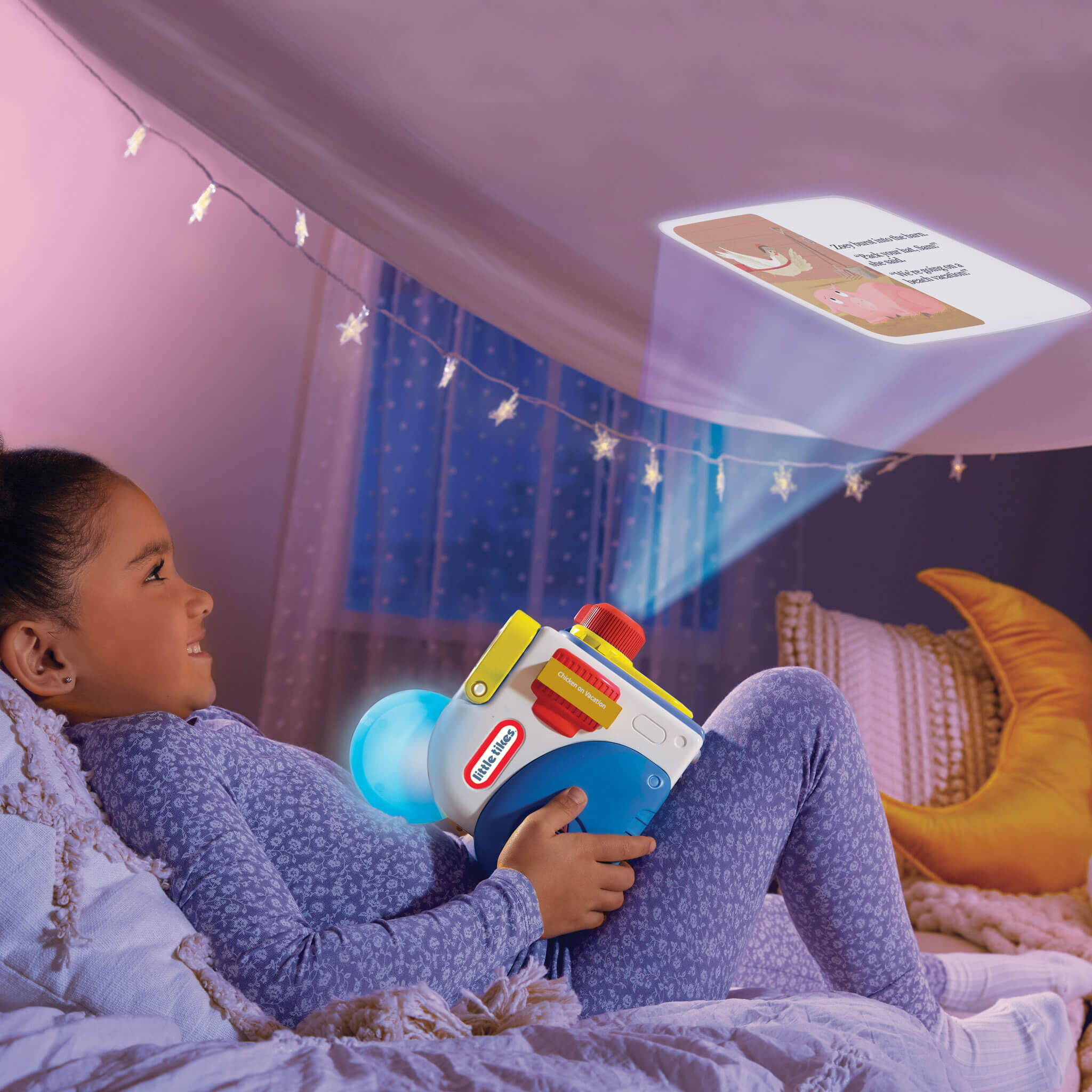 Girl watching Cluck Cluck story on the ceiling 