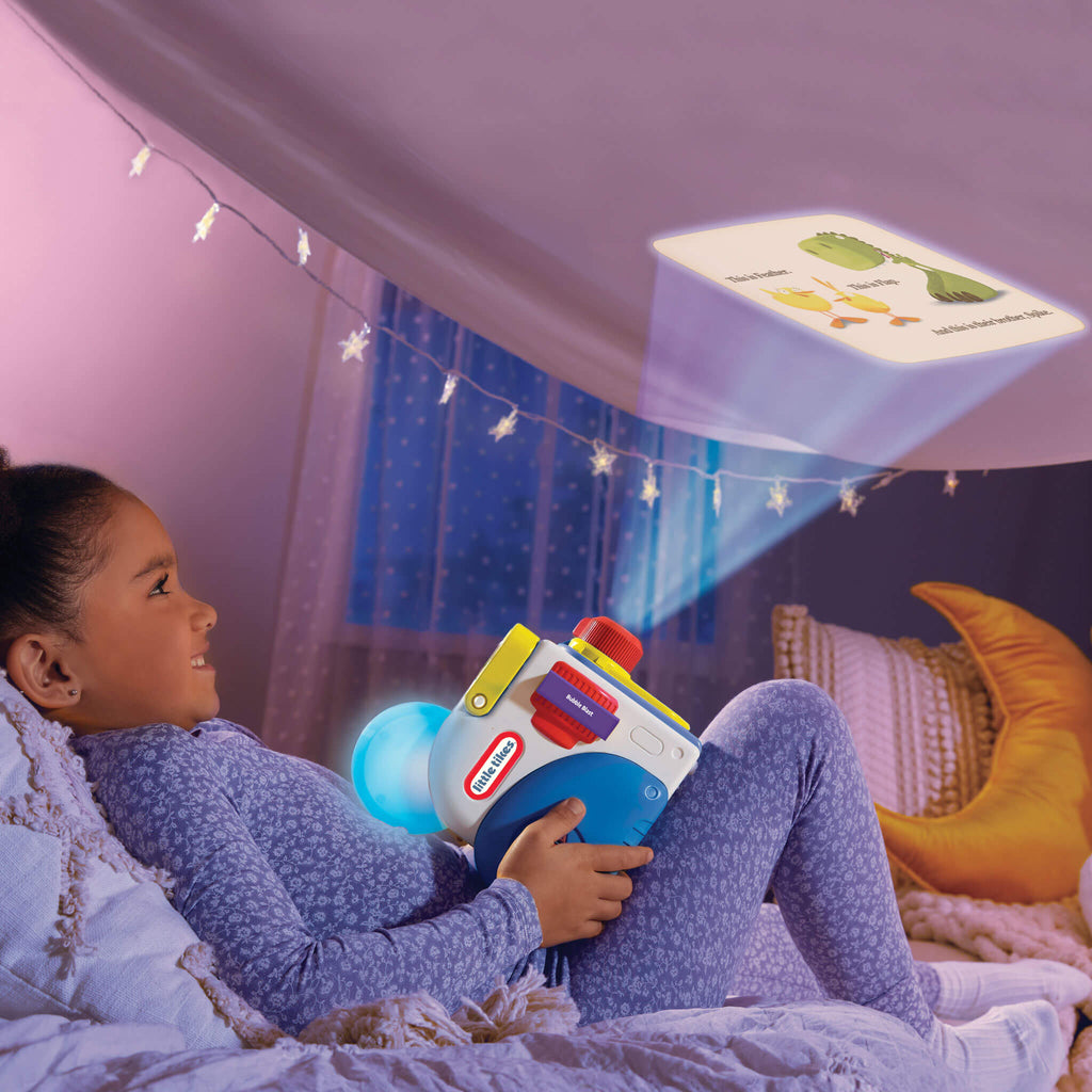 Girl watching Duck Duck Dinosaur on the ceiling