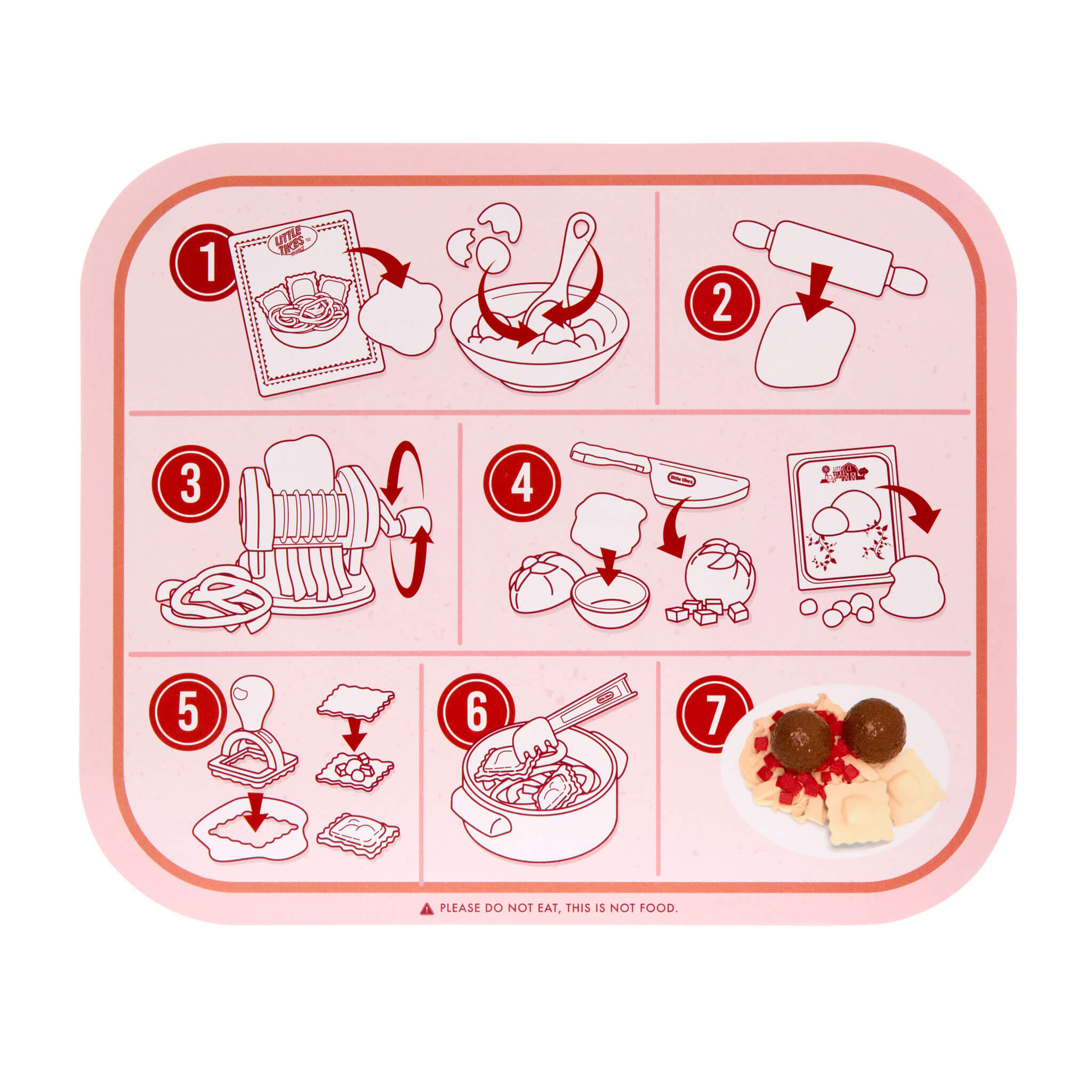 Illustrated cooking process on a pink tray with step-by-step icons.